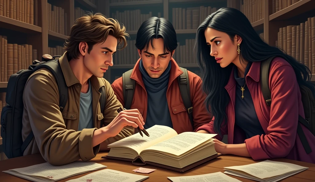 "A close-up of a wooden table cluttered with old papers and a single dusty book. The book has a hidden compartment with a cryptic riddle. The table is surrounded by shelves filled with leather-bound volumes. Alex(Alex: A man with tousled brown hair, dressed in a brown jacket over a gray t-shirt. He has a rugged, adventurous look, carrying a backpack, suggesting he's ready for a journey or an outdoor adventure.) is examining the book, while Jamie (Jamie: A sharp-looking man with short dark hair, wearing a red jacket over a black turtleneck. He has a focused, intense expression, and is also carrying a backpack, giving off the vibe of someone on a mission in an urban environment.) Priya(Priya: A woman with long black hair, dressed in traditional attire with gold earrings. She has a serious, contemplative expression, standing in a warmly lit setting, suggesting depth and mystery in her character.) scans the room for additional clues."