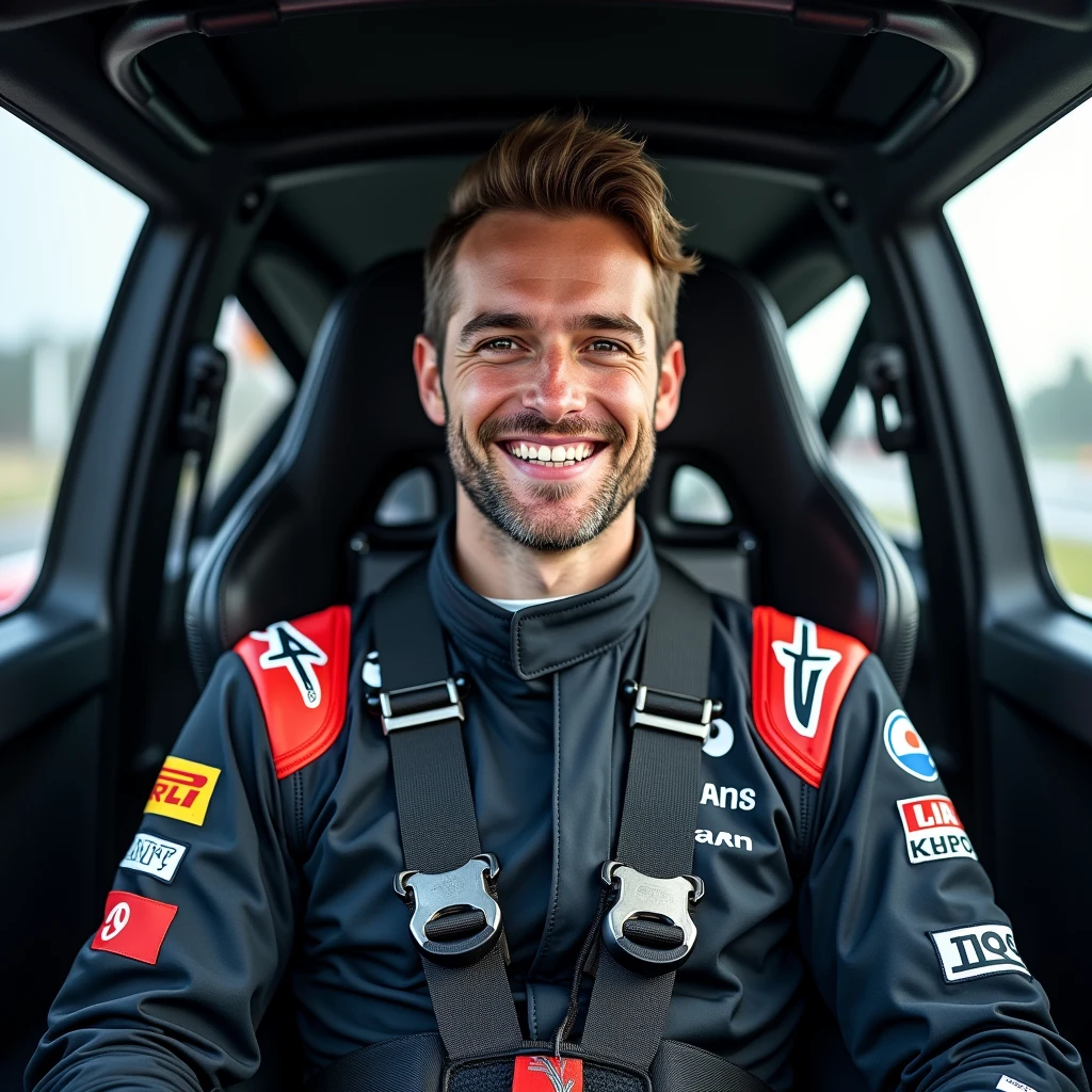 man wearing 6-point seat belt of rally racing car, show all details, The belt buckles must be metal and the same as those of a professional car and show the entire body from the front and smiling..