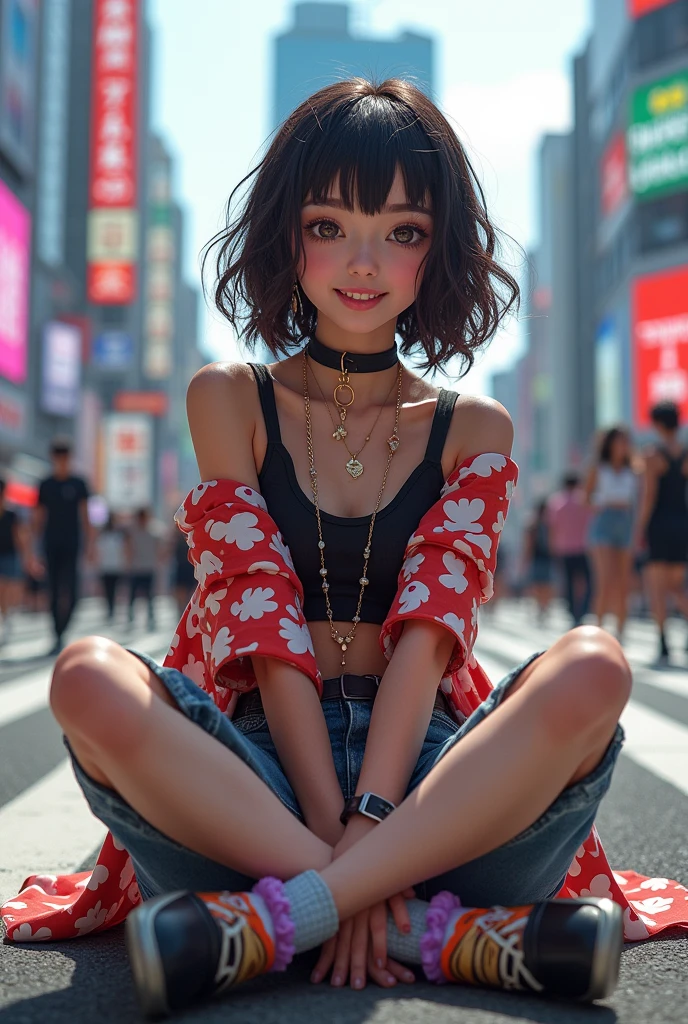 one person、High resolution、smile、High resolution、masterpiece、Anatomically correct、Person Portrait、Background blur、Super Real Photo、High resolution、Dramatic image、Harajuku casual fashion、dynamic、The perspective of the shot is quite far away、Capture the whole subject。Capture the whole subject、Beautiful decoration、Sitting cross-legged、Sitting background:Scramble crossing