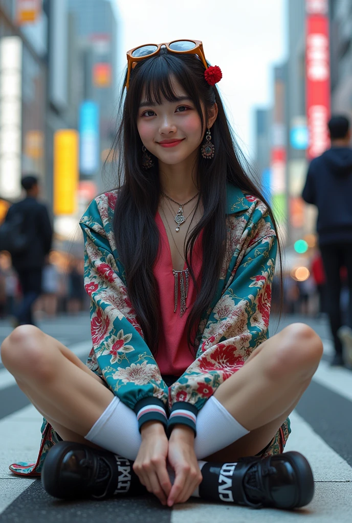 one person、High resolution、smile、High resolution、masterpiece、Anatomically correct、Person Portrait、Background blur、Super Real Photo、High resolution、Dramatic image、Harajuku casual fashion、dynamic、The perspective of the shot is quite far away、Capture the whole subject。Capture the whole subject、Beautiful decoration、Sitting cross-legged、Sitting background:Scramble crossing