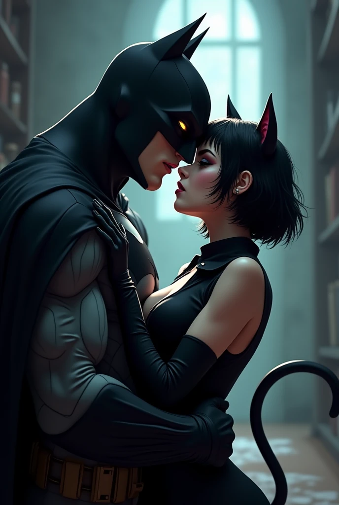 A woman kissing Batman ,The woman has short black hair down to her shoulders., with small black cat ears, yellow eyes with cat pupils, BLACK LIPS, busy gothic clothing, has a black cat tail, animated style