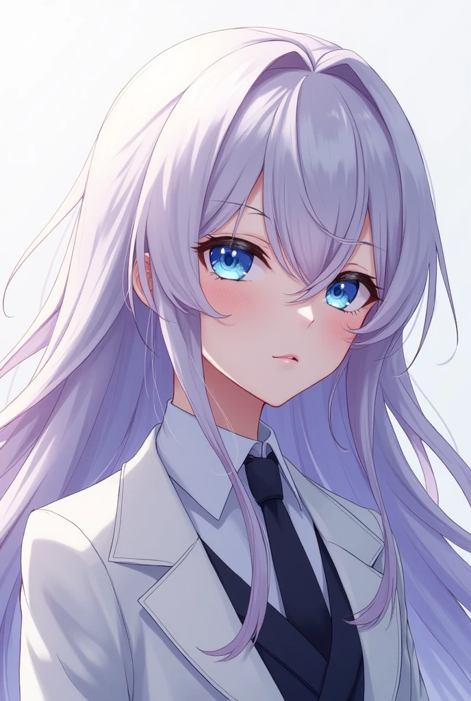 one girl,anime girl,long hair white and some purple,blue cyan eye,white coat,more older