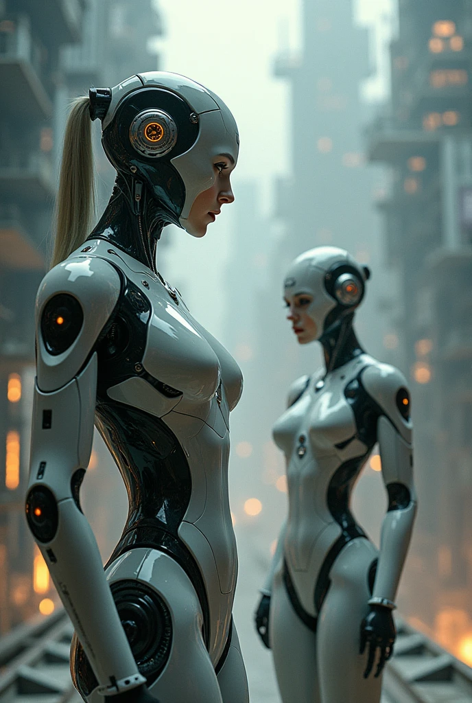 Create a image of the morden future in that there is full of robots and there is no nature, humans are less, girl robots are working as servent to male humans,there is a background with full of sexy robotic female servent