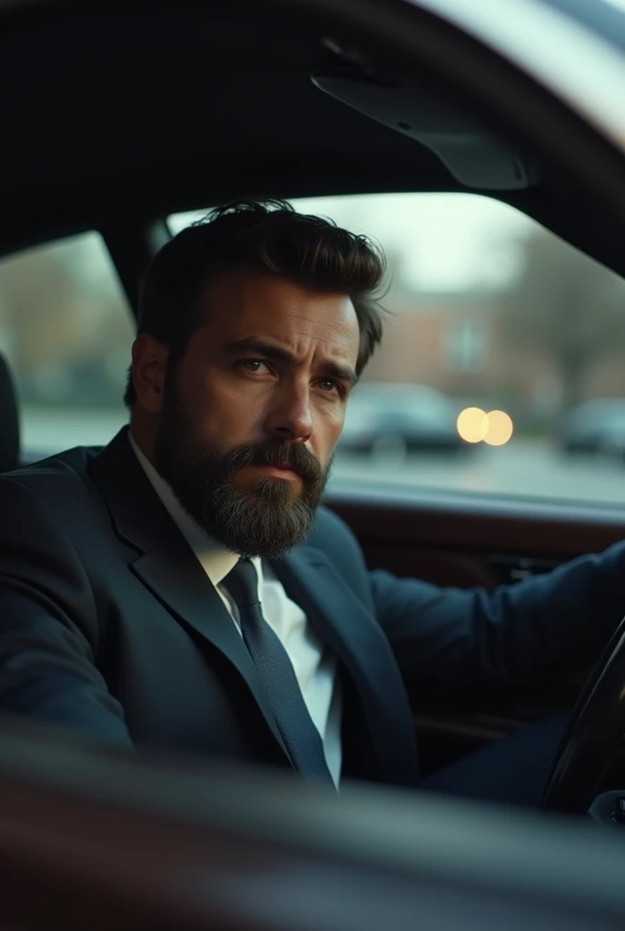 Rich young man with beard sitting in car with regretful expression 