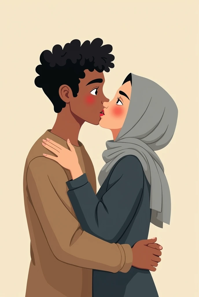 drawing of a couple, with a young couple with a slight smile where the woman is white with straight black hair and the man is black with curly black hair, as if it were a cartoon, the boy can't control himself and kisses her on the lips and the girl wearing grey hijab shocked at his actions, french kissing. the drawing has to be animated but a little realistic, the couple has to be hugging each other, nothing too childish. the couple has to look like they are . the boy's hair is curly and defined, while the girl has happy facial expressions but not too much, just a slight smile, view from front 