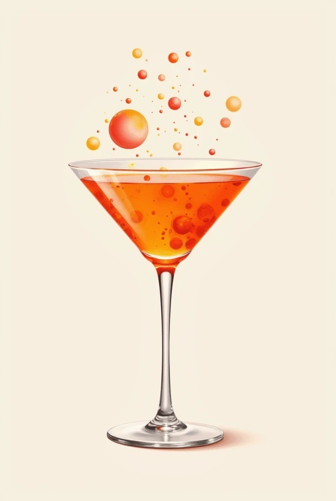 Image of a cocktail served in an elegant glass, with prominent bubbles, a simple image with few colors, Simple to illustrate and to use in a logo, 3 colors