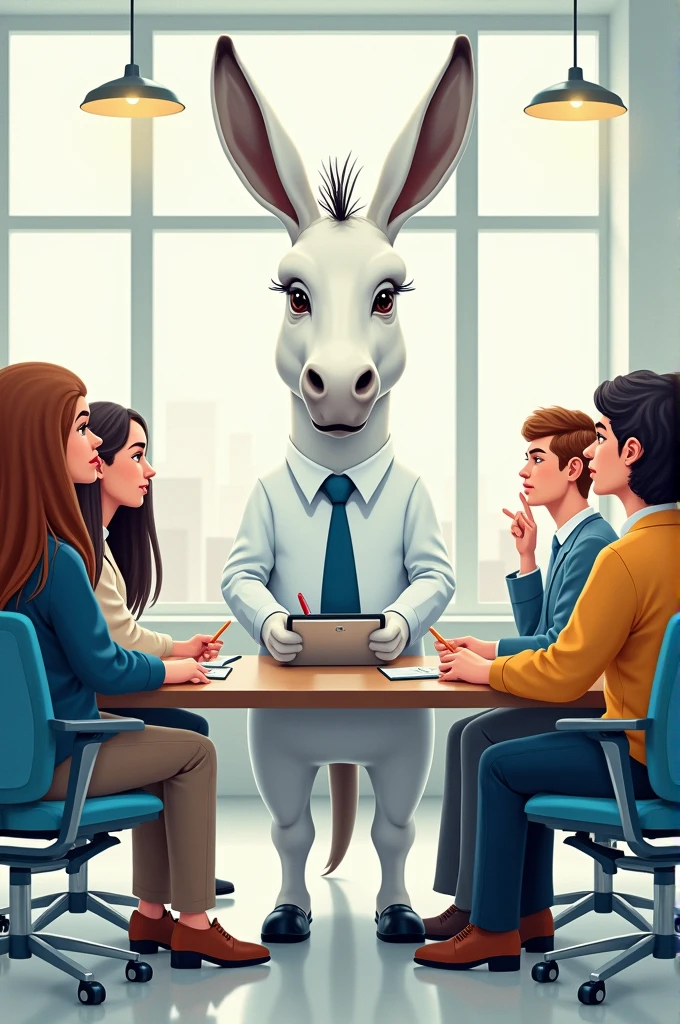 A drawing of a white donkey from the National Polytechnic Institute, applying psychometric tests to people, to start working for a company.