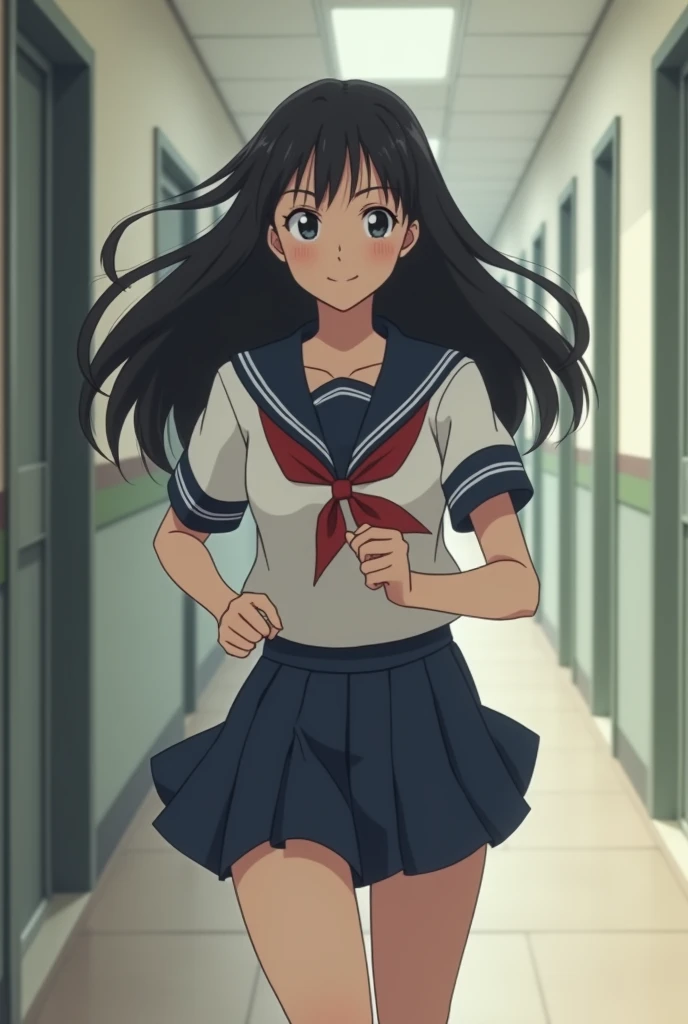 Raw photo,Sailor suit,A young woman with long hair who looks both young and grown-up,Calm expression,Gently glance over,Long black hair,Background is a school hallway,Running with her skirt fluttering,The woman has a modest smile,10 second video
