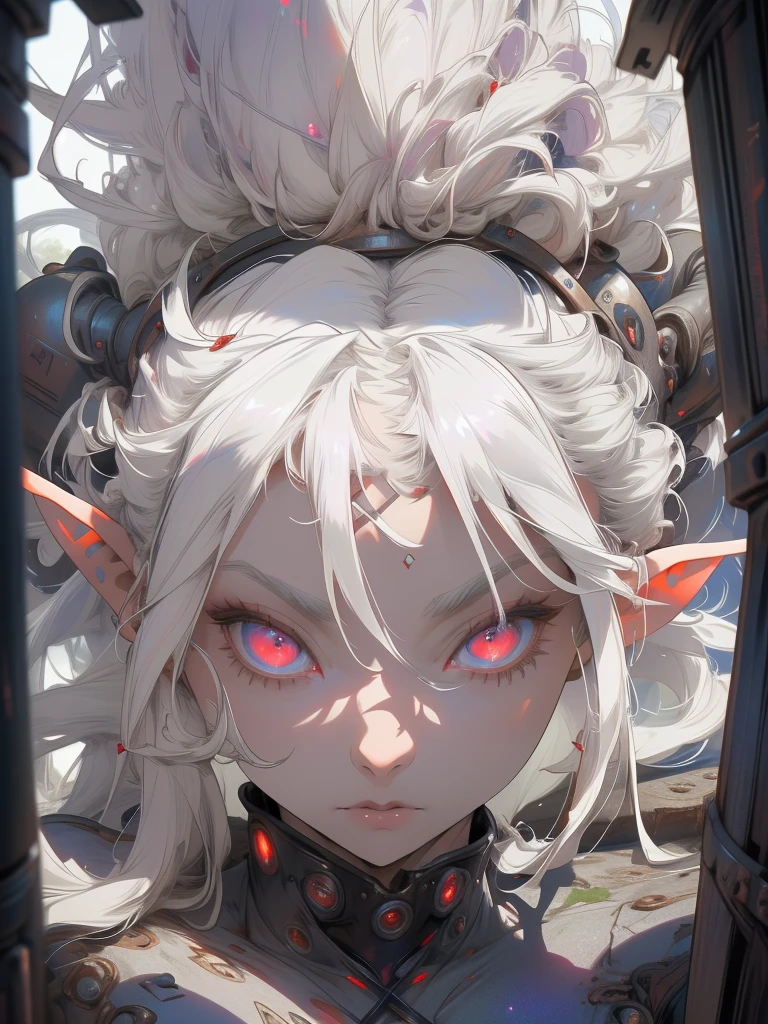 high-quality, ultra-detailed, 1girl, white hair, long disheveled hair, colored skin, ((gray skin)) red eyes, glowing eyes, underground scene, V0id3nergy, elf, elf ears, pointed ears, blue aura,
