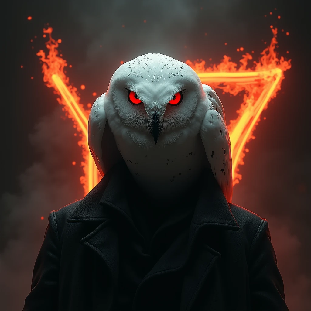 A white owl with red eyes, with a bad face, on the shoulder of a shadow, with the letter Y and the number seven of fire in the background