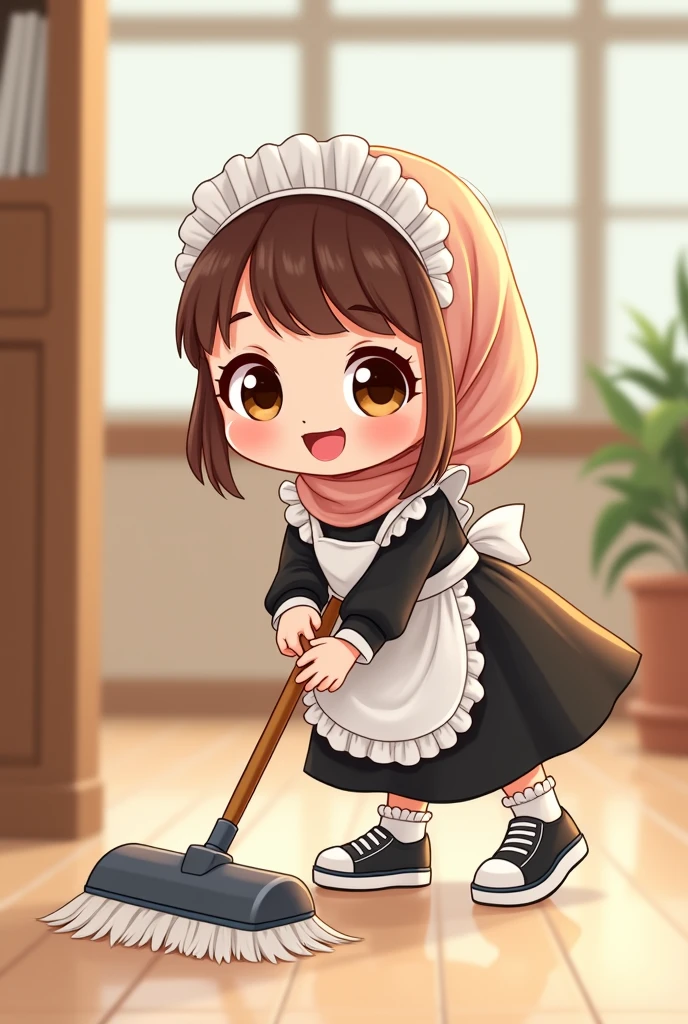 Cartoon with text: 
(masterpiece, best quality, 4k, expressive eyes, perfect face, 2d style, flat style, hand drawn), Cute and adorable face, big detailed eyes,, Cute little cartoon girl, with brown hijab on, bangs, maid dress, black skirt, white apron, ((small white socks, ruffle socks)), air force sneakers, cleaning the floor 