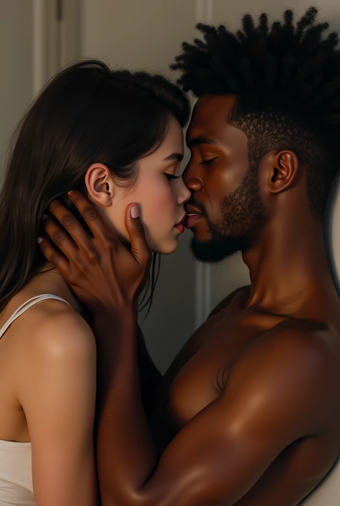 Create an image of a white-skinned girl kissing a dark-skinned boy very passionately