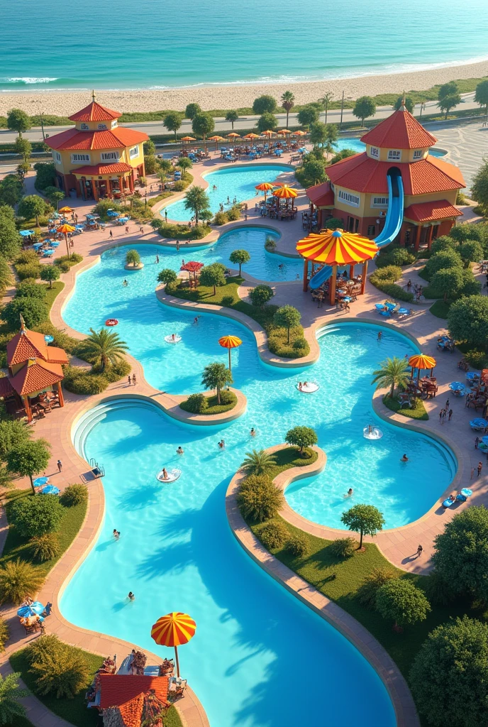 an Aqua Park with slide and wave pool, large swimming pool, slow river, with water games and themed restaurant and parking
on a plot of 11430m² close to the sea and in the first position of a road all in one photo