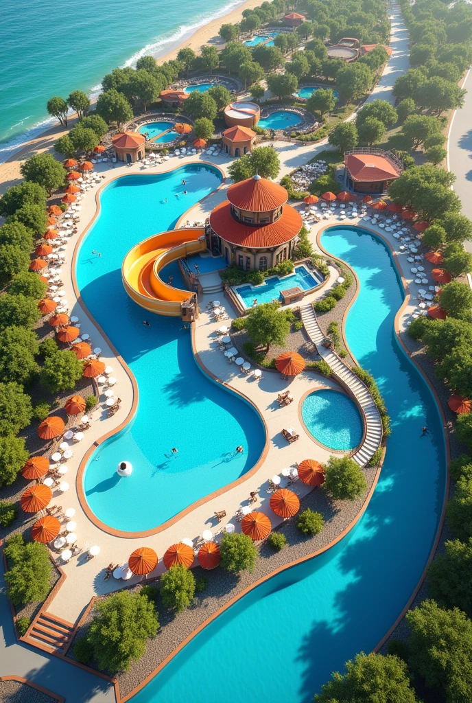 an Aqua Park with slide and wave pool, large swimming pool, slow river, with water games and themed restaurant and parking
on a plot of 11430m² close to the sea and in the first position of a road all in one photo