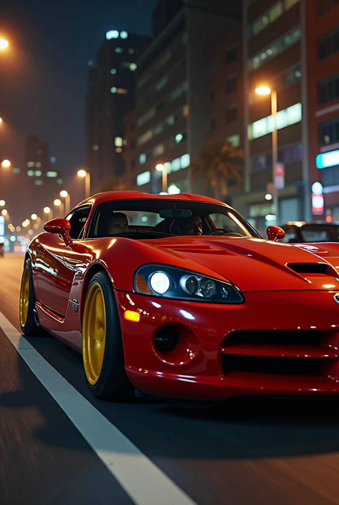 A car with yellow wheels and red in colour with a man in night