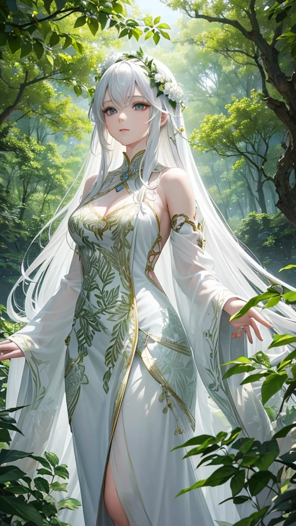 "Create a digital anime style illustration of a beautiful forest goddess。, Flowing white hair. She should wear a detailed all-over white dress decorated with leaf and floral patterns., Perfect for a fantasy theme. A glamorous woman with a clear look.The dress design does not reveal any skin., Use additional fabric or natural elements such as leaves and vines to cover. Characters should have an elegant and mature appearance, Look Around 2, With cool eyes and a calm expression, just increase the wide angle a little.. The background is rich, A mysterious forest woven with soft light and shining plants, Enhance the mystical atmosphere."