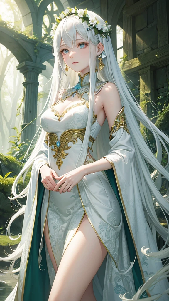 "Create a digital anime style illustration of a beautiful forest goddess。, Flowing white hair. She should wear a detailed all-over white dress decorated with leaf and floral patterns., Perfect for a fantasy theme. A glamorous woman with a clear look.The dress design does not reveal any skin., Use additional fabric or natural elements such as leaves and vines to cover. Characters should have an elegant and mature appearance, Look Around 2, With cool eyes and a calm expression, just increase the wide angle a little.. The background is rich, A mysterious forest woven with soft light and shining plants, Enhance the mystical atmosphere."