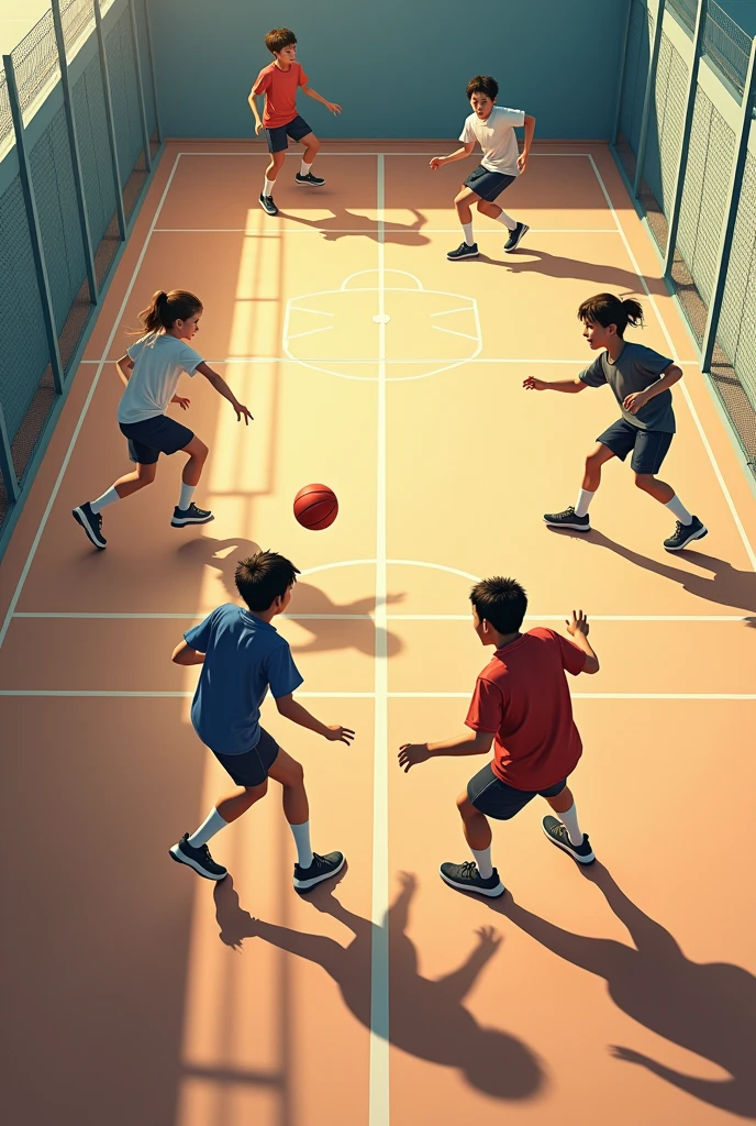 students on a handball court playing two games of "Alert" together with the divided court