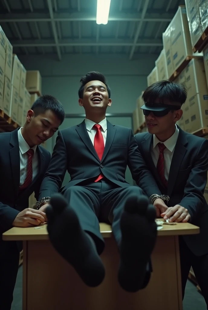 Malaysia malay handsome 19 years celebrity
His handcuff in warehouse
Blindfolded
Black Suit and Red tie
feet on desk
feather
5 toes each feet
Black smelly sock
2 man under his feet
1 man take off his socks
1 man holding feather tickle his feet
He laugh very hard