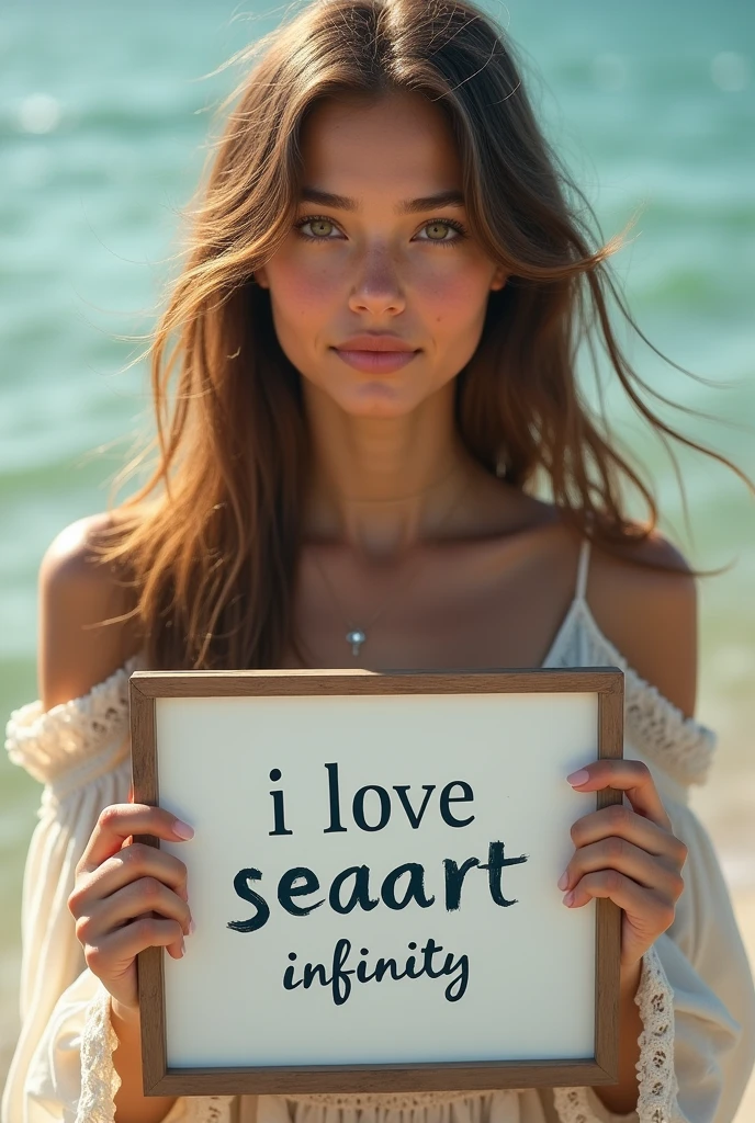 Beautiful girl with wavy long hair, bohemian dress, holding a white board with text "I Love Seaart Infinity" and showing it to the viewer