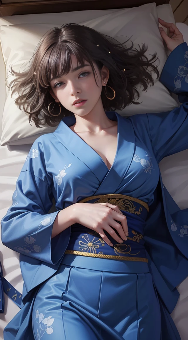 (masterpiece,Super detailed,8K,highest quality:1.5),((very cute)),best image quality, two dimensional beauty,sensual figure,intricate details,charm, realistic texture, charmな,(moonlight、Firefly Light:1.3),(Wearing a blue yukata),bed,(Sleep alone&#39;Came back:1.3)