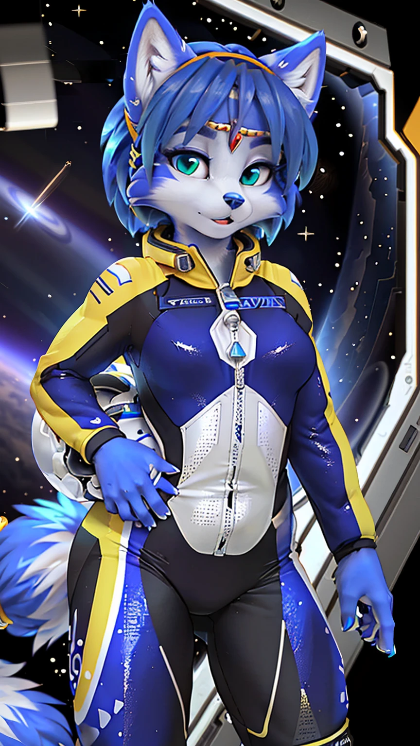 a picture of ((krystal)), Star Fox krystal, sslim, lovable, green eyes, medium breasts, (((Long blue hair 1.3))), Decollete, anthro, furry, Uploaded E621, detailed fluffys fell, (von Fluff-Kevlar, Bayard Wu, Pino Daeni), detailed face, (fluffy), 1 girl, alone, sweet girl, (((hole body))), (((trägt einen gepanzertzen lila spacesuit:1.3))), (((floating in space))), galaxy, spacesuit, (((beschädigter spacesuit))), injured,