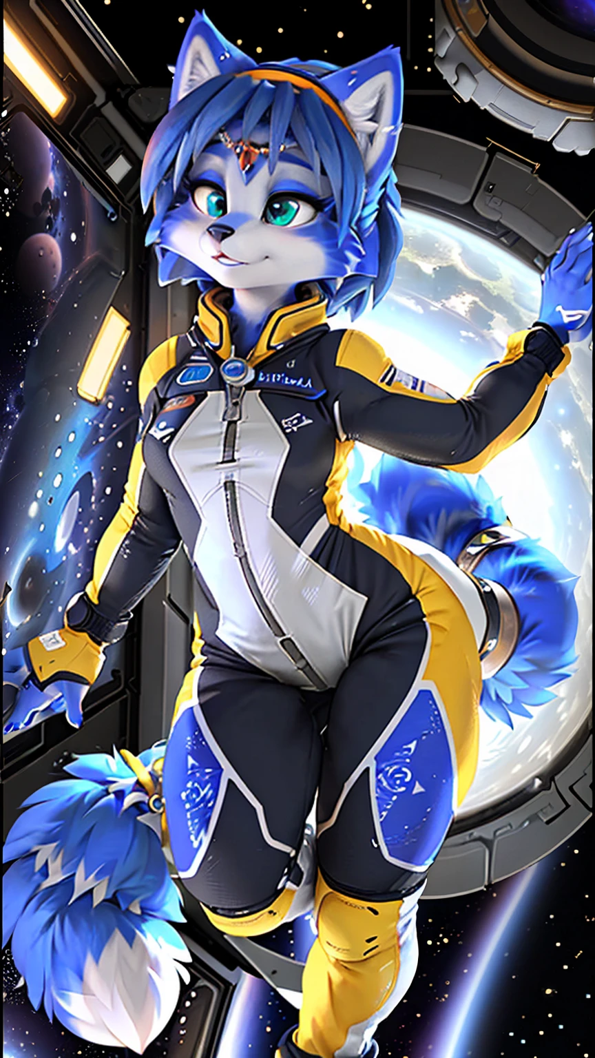 a picture of ((krystal)), Star Fox krystal, sslim, lovable, green eyes, medium breasts, (((Long blue hair 1.3))), Decollete, anthro, furry, Uploaded E621, detailed fluffys fell, (von Fluff-Kevlar, Bayard Wu, Pino Daeni), detailed face, (fluffy), 1 girl, alone, sweet girl, (((hole body))), (((trägt einen gepanzertzen lila spacesuit:1.3))), (((floating in space))), galaxy, spacesuit, (((beschädigter spacesuit))), injured,