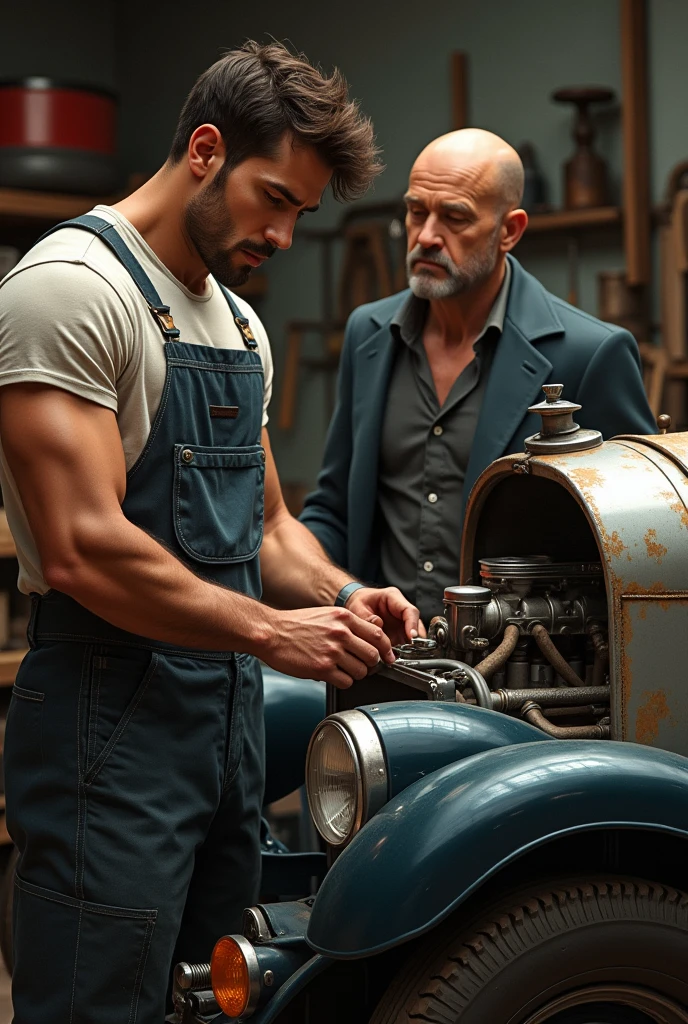 young brunette, latino, muscular, man in mechanic outfit, repairing car, looks focus on engine, his hands are touching engine classic car, elegant blonde man middle age, shaved in background his face look in mechanic direction and talking to him, they are in old garage