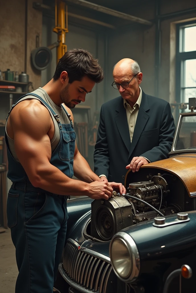 young brunette, latino, muscular, man in mechanic outfit, repairing car, looks focus on engine, his hands are touching engine classic car, elegant blonde man middle age, shaved in background his face look in mechanic direction and talking to him, they are in old garage