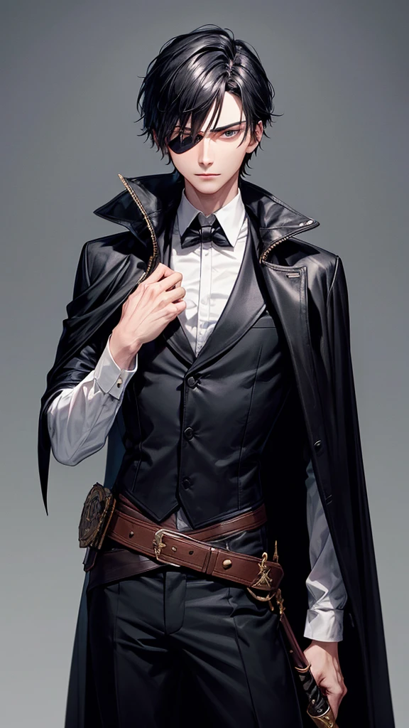 A young, slim man with a sharp, mysterious look. He wears a black, high-necked cape, which is thrown over his shoulder, and dark, tight-fitting clothing with brown leather straps, to which small bags and a bear-shaped brooch are attached. The left side of his face is covered by a black eye patch, and he has messy, black hair. A sword is attached to his back. The background is minimalistic and bright, to focus on the dark, mysterious figure