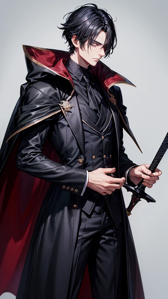 A young, slim man with a sharp, mysterious look. He wears a black, high-necked cape, which is thrown over his shoulder, and dark, tight-fitting clothing with brown leather straps, to which small bags and a bear-shaped brooch are attached. The left side of his face is covered by a black eye patch, and he has messy, black hair. A sword is attached to his back. The background is minimalistic and bright, to focus on the dark, mysterious figure
