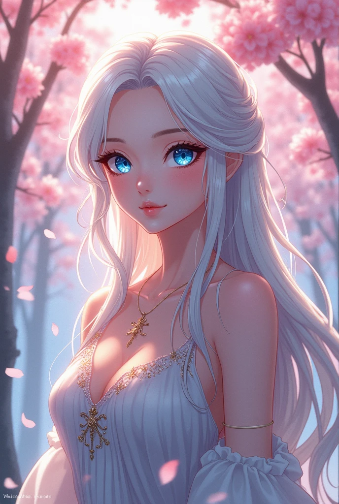 Anime art style masterpiece, enchanting woman with large, expressive blue eyes radiating depth and curiosity, silky icicle white hair cascading down in soft waves, elegant features accentuated with delicate blush on cheeks, intricate attire featuring flowing fabrics adorned with magical motifs, draping elegantly around her figure, graceful and poised posture, ethereal glow enveloping her, soft pastel color palette enhancing the dreamlike quality of the scene, set against a beautifully illustrated background of a serene and enchanting landscape, flourishing cherry blossoms surrounding her, petals gently falling like snowflakes, the morning sun filtering through the trees creating dappled light effects, cinematic composition highlighting the character at the center, balanced placement of soft, harmonious elements around her, inviting atmosphere exuding warmth and tranquility, captured in a dynamic yet fluid anime artistic style that emphasizes smooth lines and vibrant color contrasts, meticulous detailing on the character's eyes, reflecting an inner light that draws viewers in, deepening the sense of connection with the audience, enhancing the overall enchanting narrative and artistic journey.