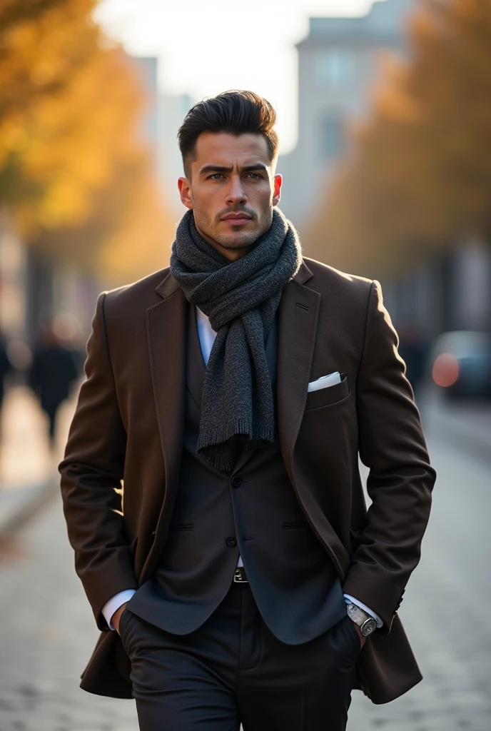 фото full length идущего по городу русского мужчины, Medium height, 35 years, black hair, Sports figure, broad shoulders, a neat stylish hairstyle, wide cheekbones, in a suit and scarf, in a worn-out brown suit, in a woolen suit, in a dark gray suit, formal suit, with a scarf around his neck, the scarf is tied in a knot around the neck, in a business suit, Grey trousers and black shoes, in a black and gray suit, in a business suit, in a business suit, warm autumn, Early autumn, Sunny weather, walking through the city, looks ahead, Stylish look, thoughtful look, full length, free pose, dynamic pose, solar lighting, daylight, black hair, blunt bangs, Serious, expressionless, atmospheric perspective, bokeh, f/1.8, 85mm, Nikon, depth of field, uhd, masterpiece, accurate, anatomically correct, textured skin, super detail, high details, high quality, highres, 4K