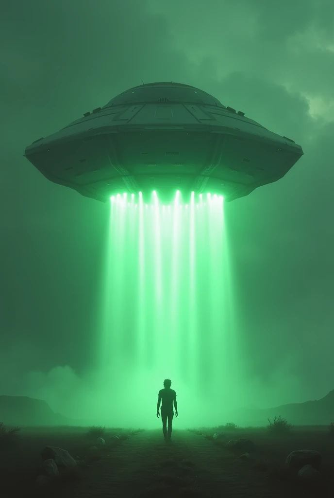 Green glowing machine in the sky approaching one and abducting it inside