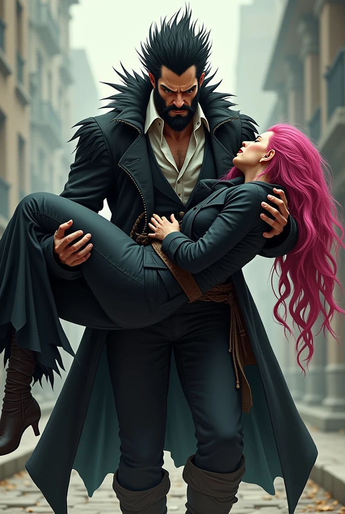 Mihawk Dulacre with hedgehog hair and edged beard threw up a pinkhaired woman over his shoulder 