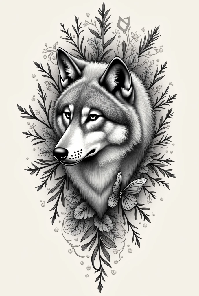 Draw me a tattoo template made of filigree lines showing a wolf's head from the front, but looking to the right. The wolf's head should be surrounded by leaves and natural ornaments, from which the head looks out. The tattoo should fit on the left side of the chest of a woman and the letter N should be hidden in the tattoo but so, that it is nevertheless easy to recognize