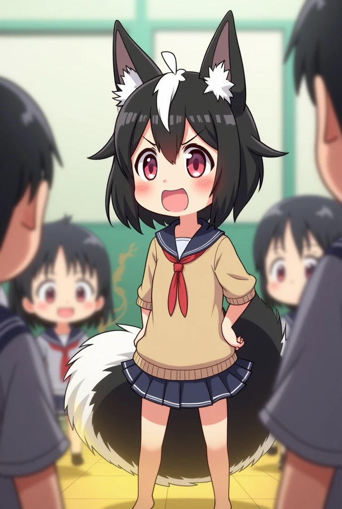 1 Human Girl、anime、animeチック、Skunk Ears、Skunk's Tail、Primary school students、Stick your butt out、Yellow smoke coming out of his butt、Embarrassed
