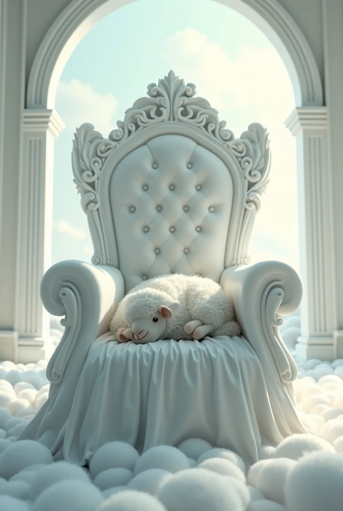 A large white throne with a lamb lying on the throne