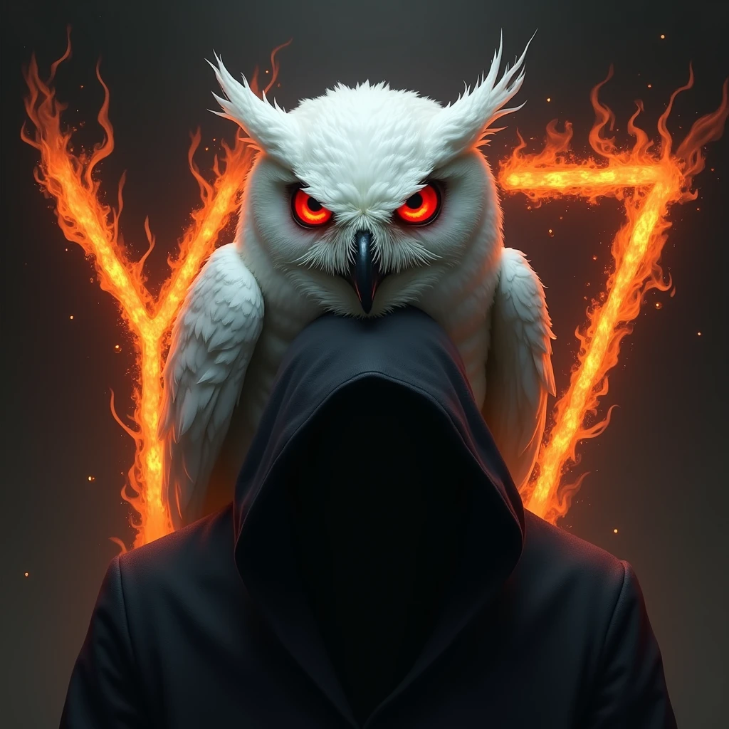 A white owl with red eyes, with a bad face, on the shoulder of a shadow, with the letter Y and the number seven of fire in the background