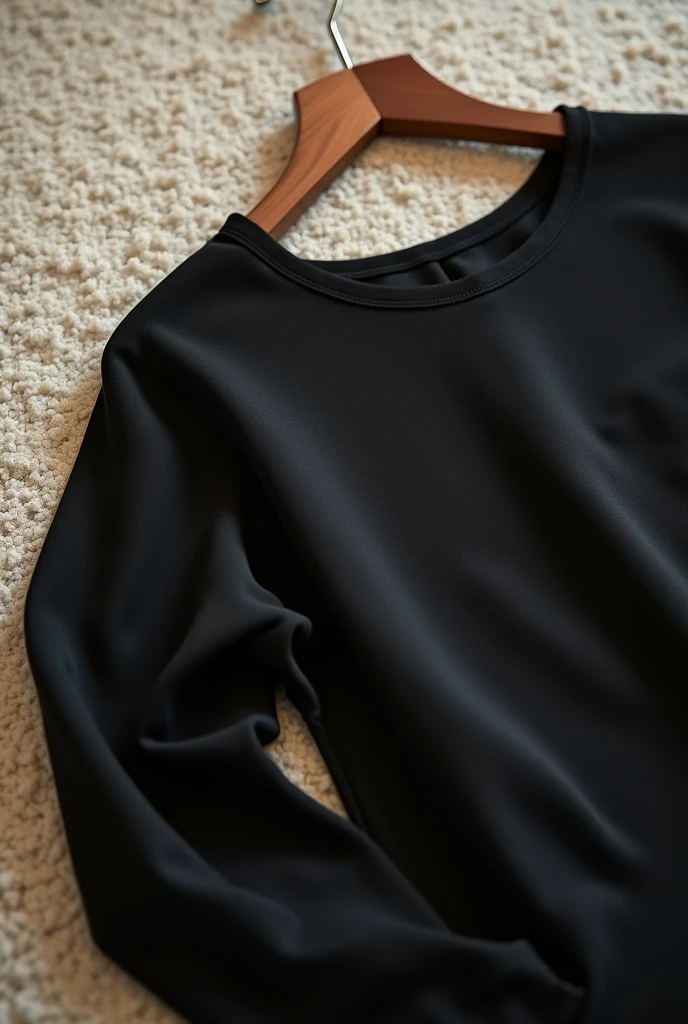 a close up of a Black drop shoulder and a wooden hanger on a floor carpet. solid drop shoulder cotton fabric, full focus on drop shoulder. 