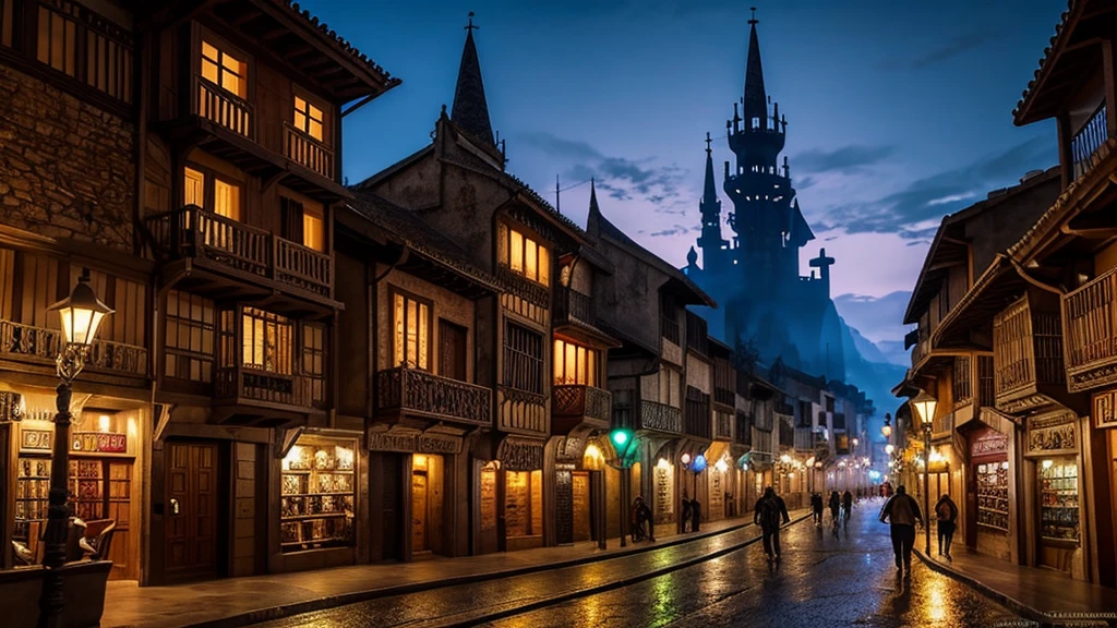Calles De una ciuDaD De fantasía meDieval concurriDas con personas De Diferentes razas fantásticas. Estilo Denilustración De D&D.