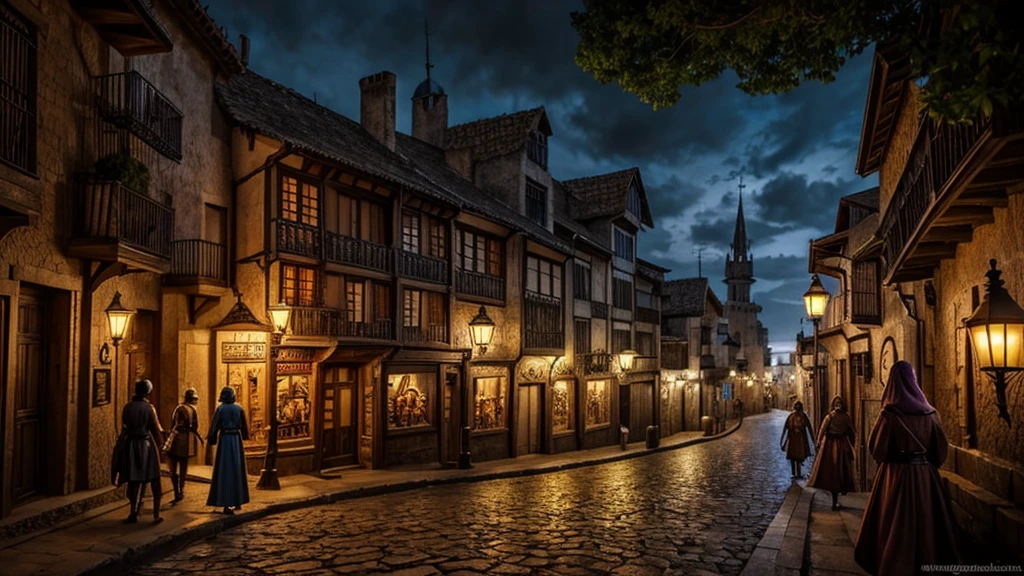 Calles De una ciuDaD De fantasía meDieval concurriDas con personas De Diferentes razas fantásticas. Estilo Denilustración De D&D.