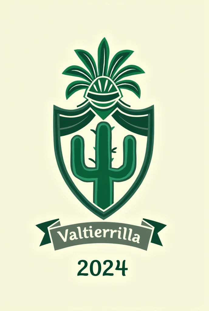 A football shield, The base uses the Liverpool shield, replace the middle bird with a cactus, Remove the top part and add an Aztec headdress, The colors can be green and white, let the style be simple, without lights or shadows. Includes the name "Valtierrilla", Keep the band at the bottom that says 2024.