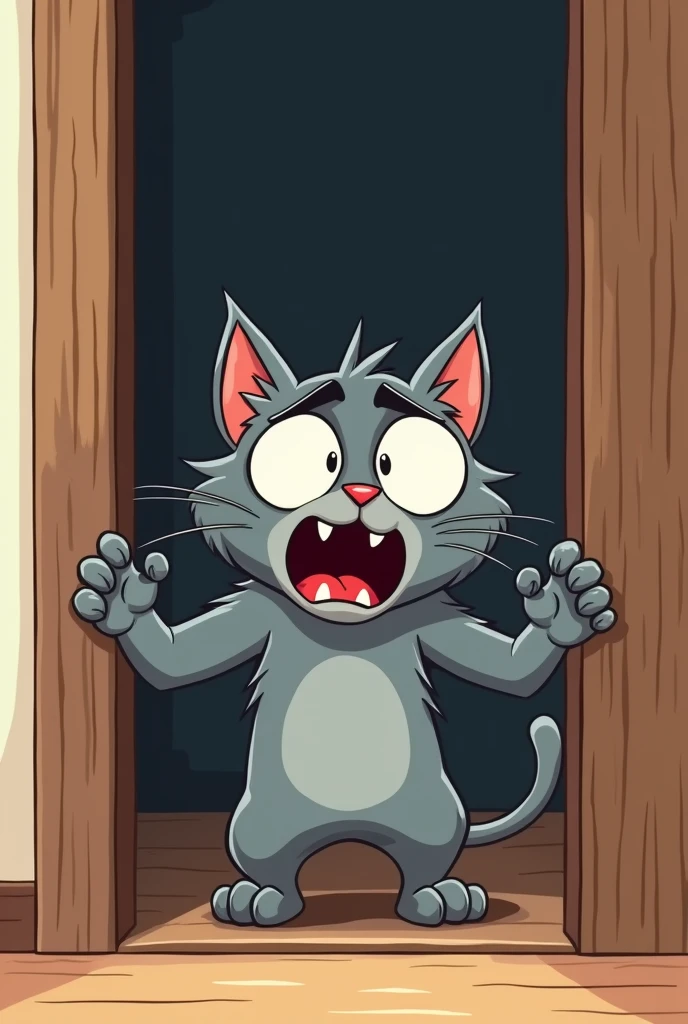 (cartoon style) scared gray cat blocking a door