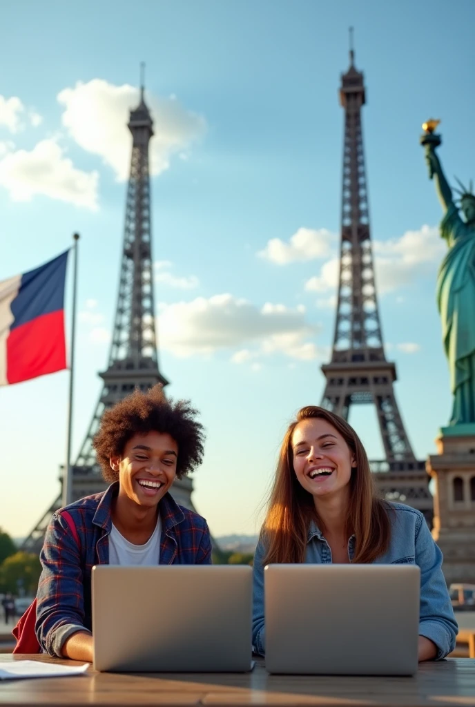 Eiffel Tower in the background with the US flag and the Statue of Liberty in the background with the French flag. And 2 happy real students each grabbing their laptop.