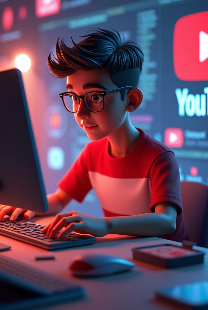 Create a 3D illustration featuring a realistic 2 beautiful Indian realistic boy busy Developing software in front of a 3D logo of “YouTube” The boy wearing Red & white casual Shirts, with glasses , Undercut hair style, The background of the image should showcase a social media profile page and the username “Prince” and a matching profile picture and modify it according to your perspective.