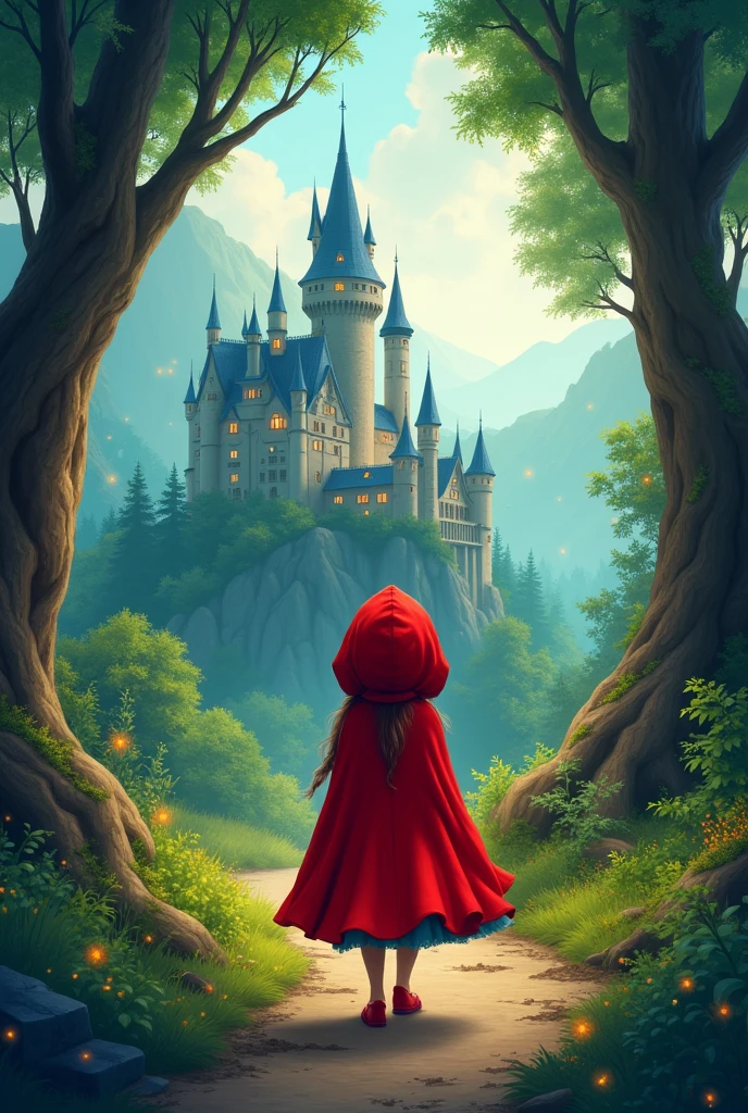 Once upon a time, in a magical forest a young girl named Little Red Riding Hood, who loved visiting his grandmother.One day, while walking along the trail,she found an enchanted castle she had never seen before. curious, decided to approach.