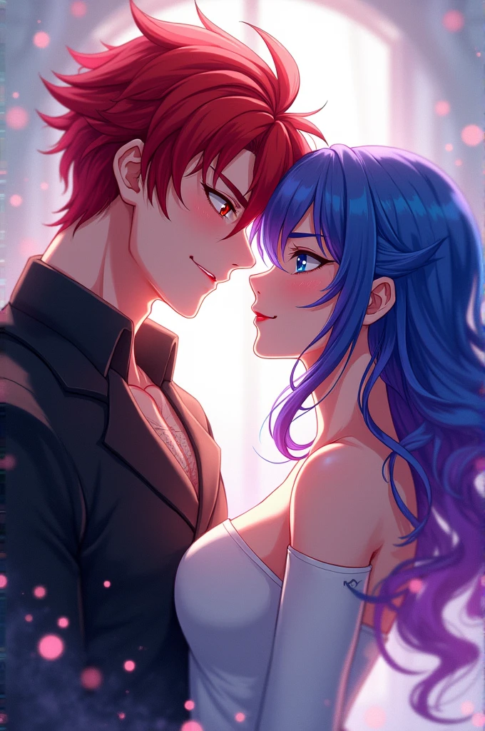 Make me a picture: school anime art style, A man with red hair, red eyes and black clothes, smiling with a woman with long blue hair and purple tips, blue colored eyes, and white clothes.