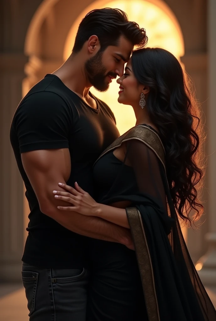 I want a picture with a muscular and tall handsome man dressed with black shirt and white dhosthi lifting a curvy beautiful indian brown girl in both hands with black saree loose hair falling beautifully over them carrying her close to his chest looking into his eyes and both smilling