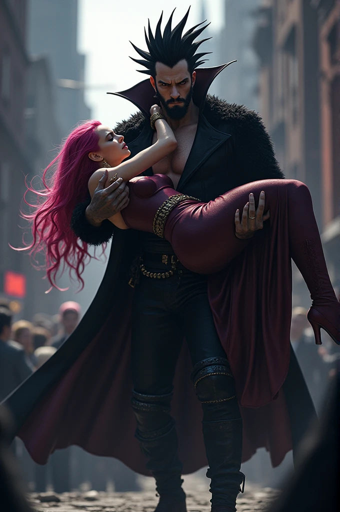 Mihawk Dulacre with black hedgehog hair and edged beard threw up a pink haired woman over his shoulder